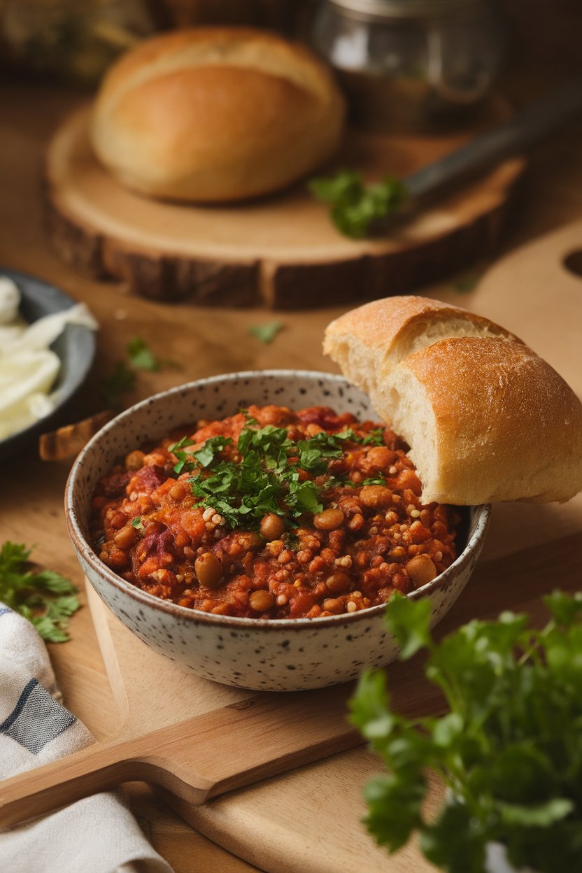 A warmly lit indoor table showcasing a rustic bowl of lentil and quinoa chili, finished with chopped parsley. No text or logos in frame.