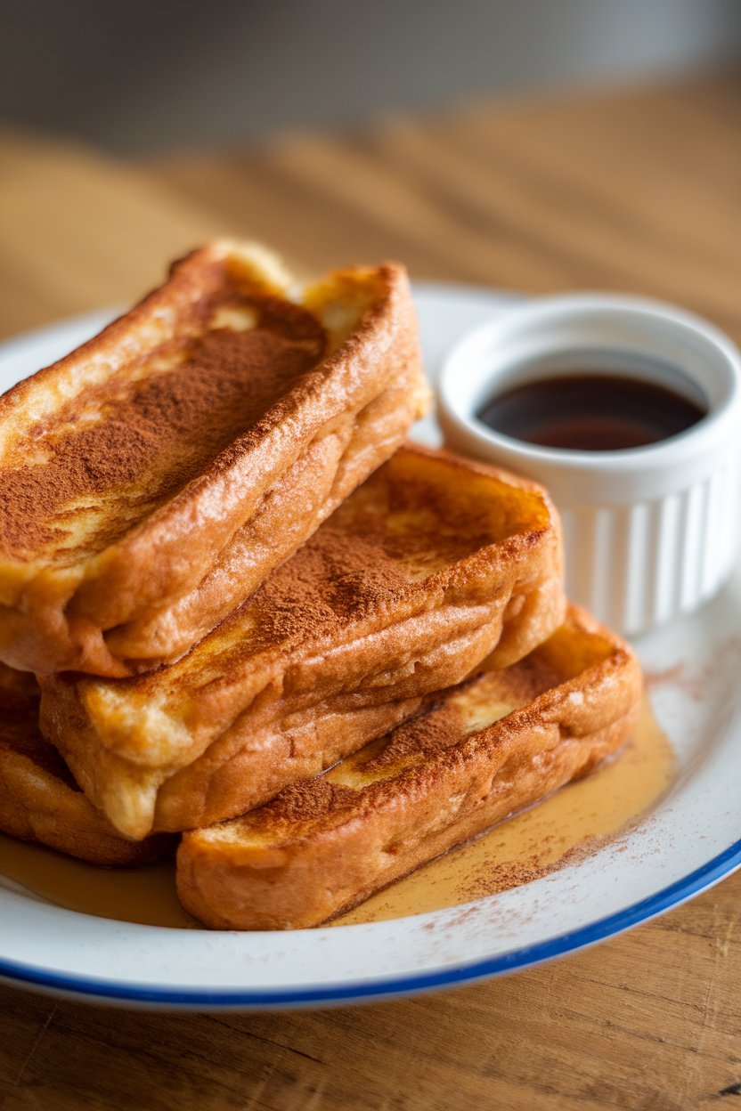 Indoor breakfast plate stacked with cinnamon-coated French toast sticks served with a small ramekin of maple syrup, no logos.