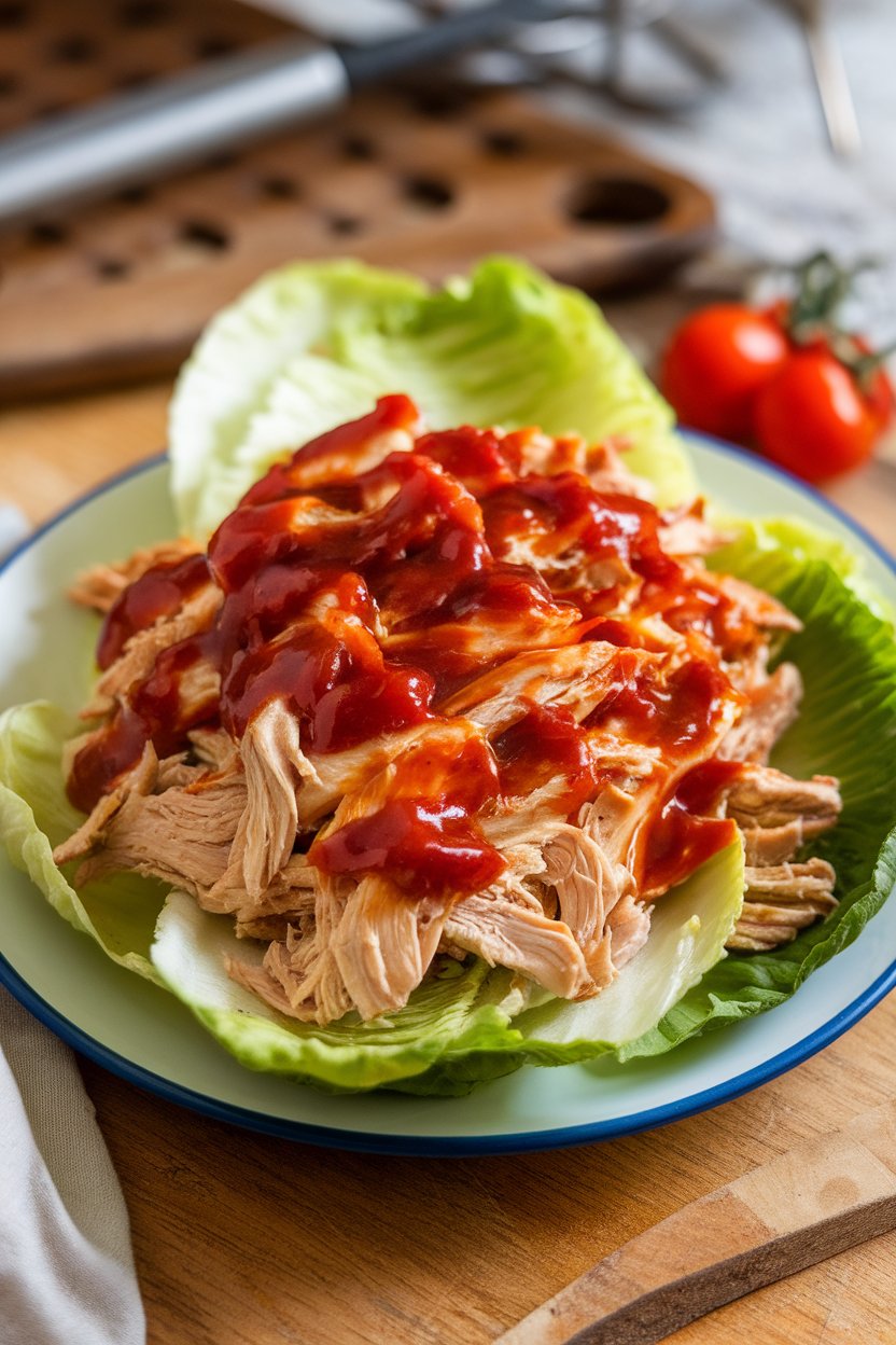 An indoor plate showing romaine leaves filled with shredded cooked chicken tossed in sugar-free BBQ sauce; no logos.