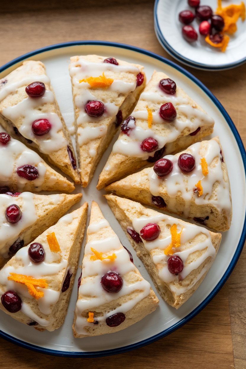 Indoor bakery tray with triangular scones dotted with cranberries and orange zest glaze. No text or logos; photo only.