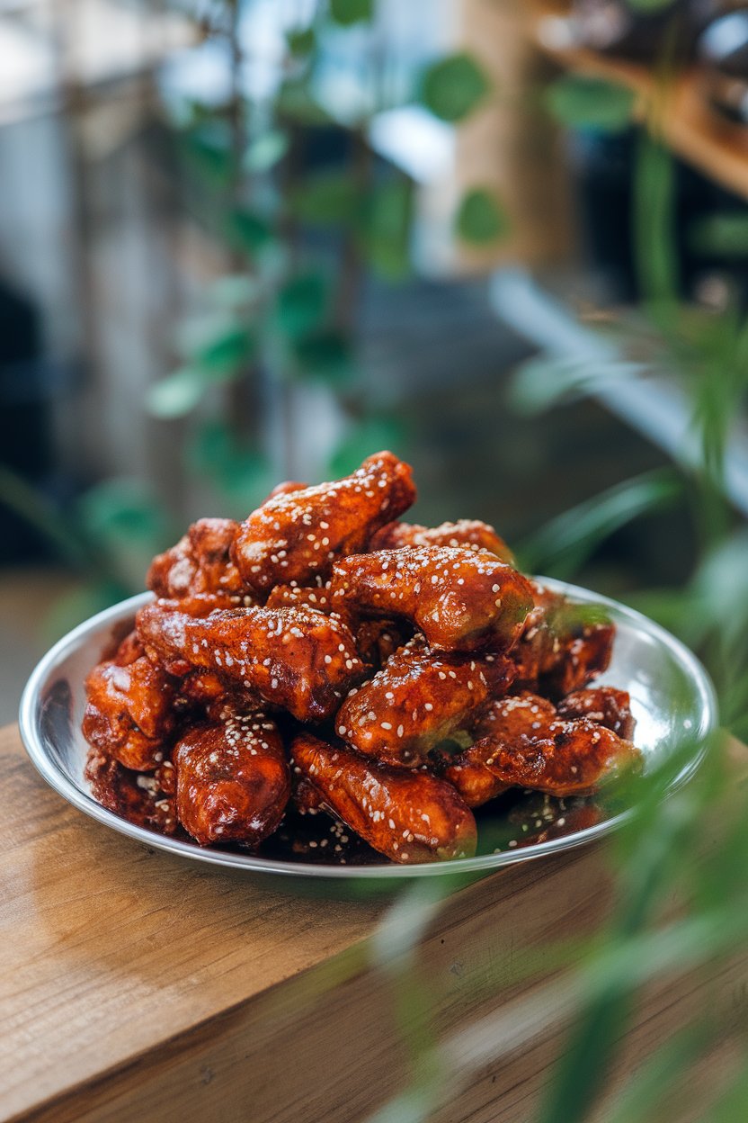 Indoor photo of chicken wings coated in deep-red gochujang glaze, sprinkled with sesame seeds on a platter. No text or logos.