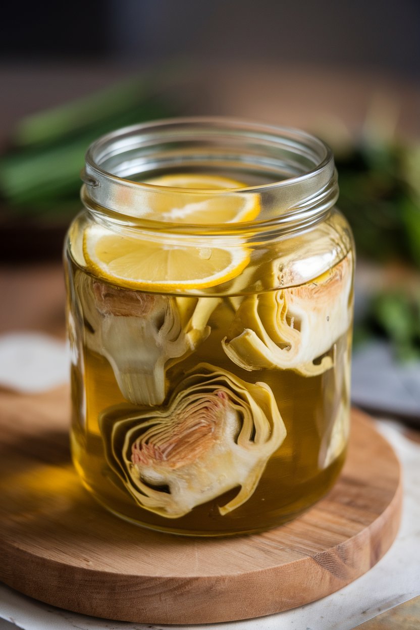 Indoor glass jar with marinated artichoke hearts in olive oil, lemon slices floating. Photo, no text or logos.