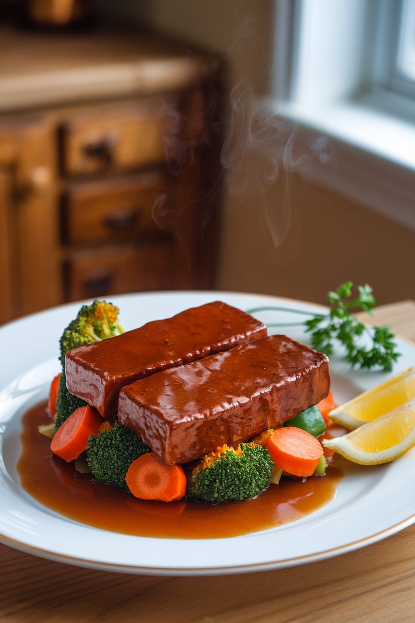 Photo prompt: Indoor scene with tofu steaks glazed in deep amber bourbon brown sugar sauce, smoke rising slightly. No text or logos.
