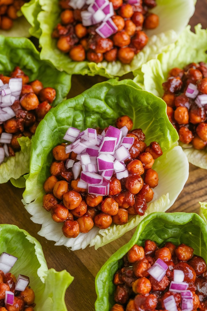 Indoor photo of crisp lettuce leaves filled with saucy BBQ chickpeas and topped with diced red onion. No text or logos.
