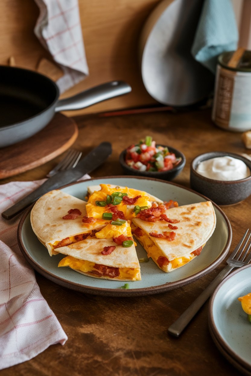 Warm kitchen table scene with breakfast quesadilla wedges showing scrambled egg, bacon bits, and cheddar, no branding.