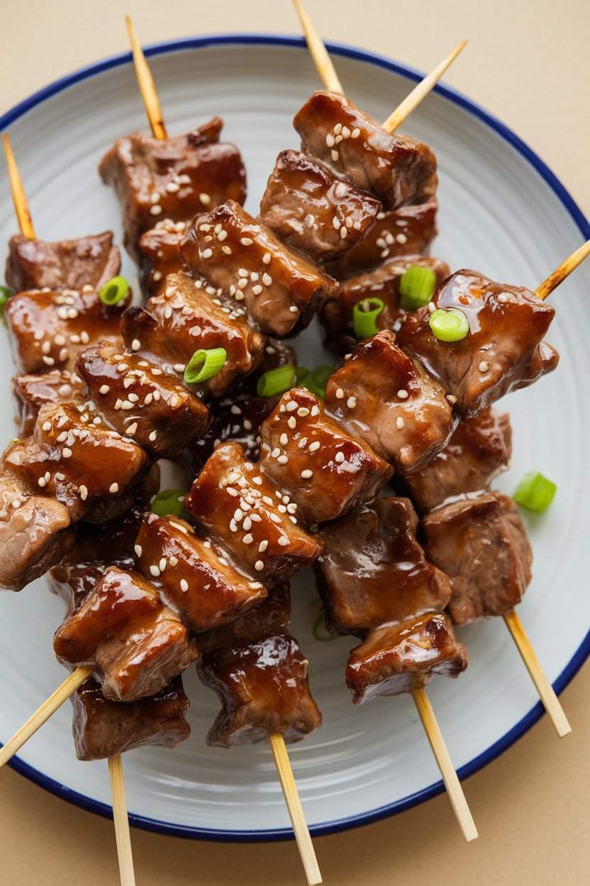 Indoor plate with cooked teriyaki glazed beef skewers garnished with sesame seeds and green onions, no text or logos. Photo only.