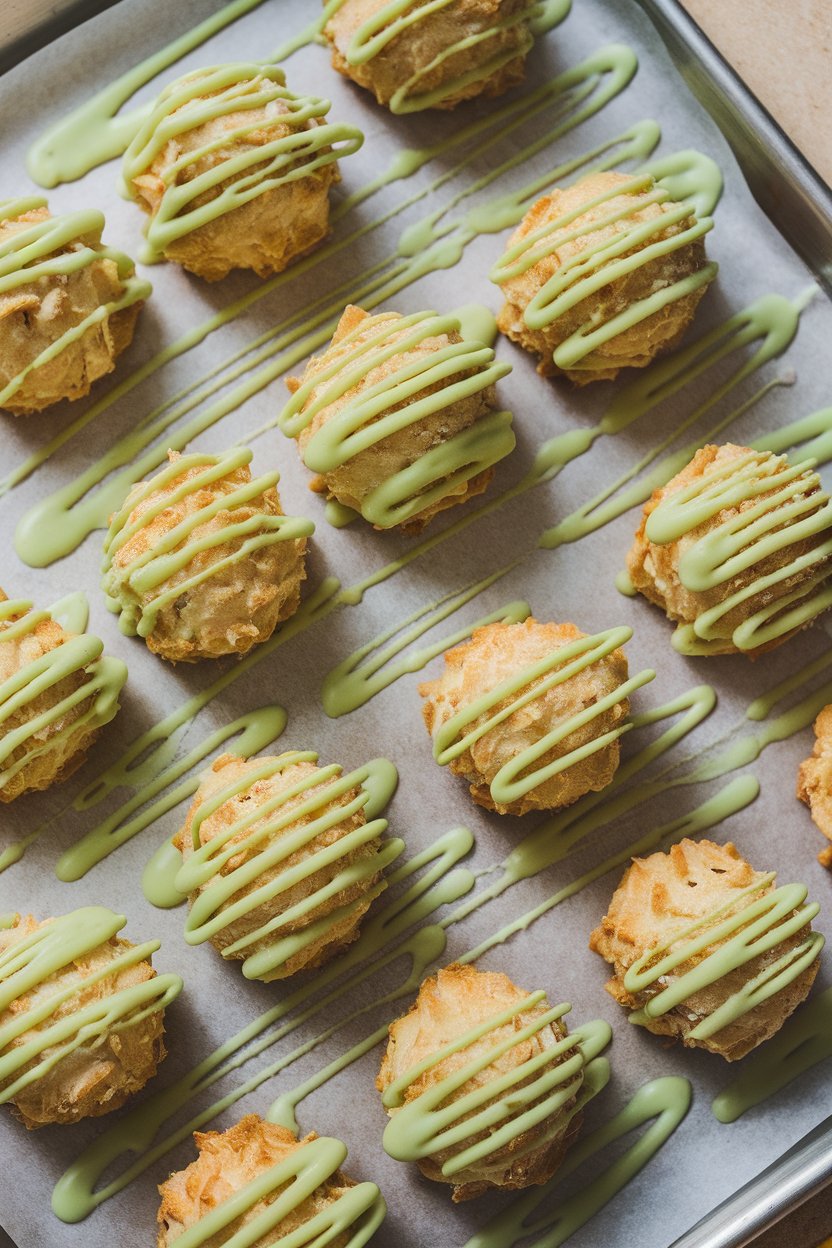 An indoor cookie sheet of golden coconut macaroons drizzled with lime-green icing, photographed overhead. No text or logos.