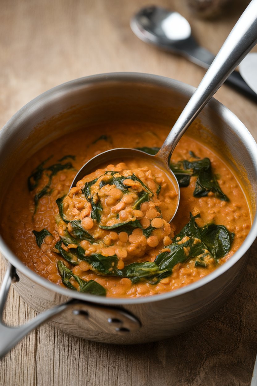 Indoor photo of a saucepan with thick red lentil curry swirling with spinach leaves, ladle resting on the rim. No text or logos.