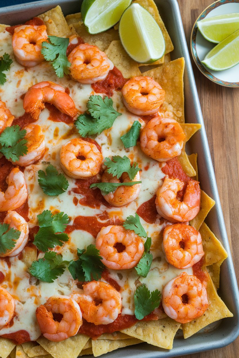 Sheet pan of nachos with spicy shrimp, melted Pepper Jack, lime wedges on the side; no text or logos, photo not illustration.