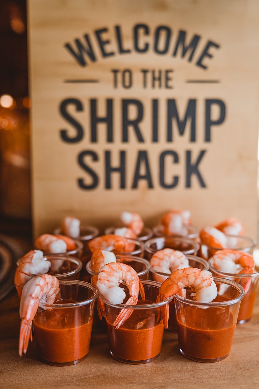 An indoor setup of small clear cups with cocktail sauce at the bottom and chilled cooked shrimp hanging over the rim—no text or logos. Photo, not illustration.