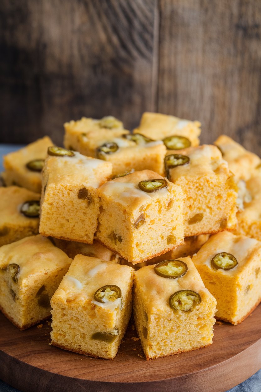Indoor wooden board with bite-size cubes of jalapeño cheddar cornbread, no text or logos