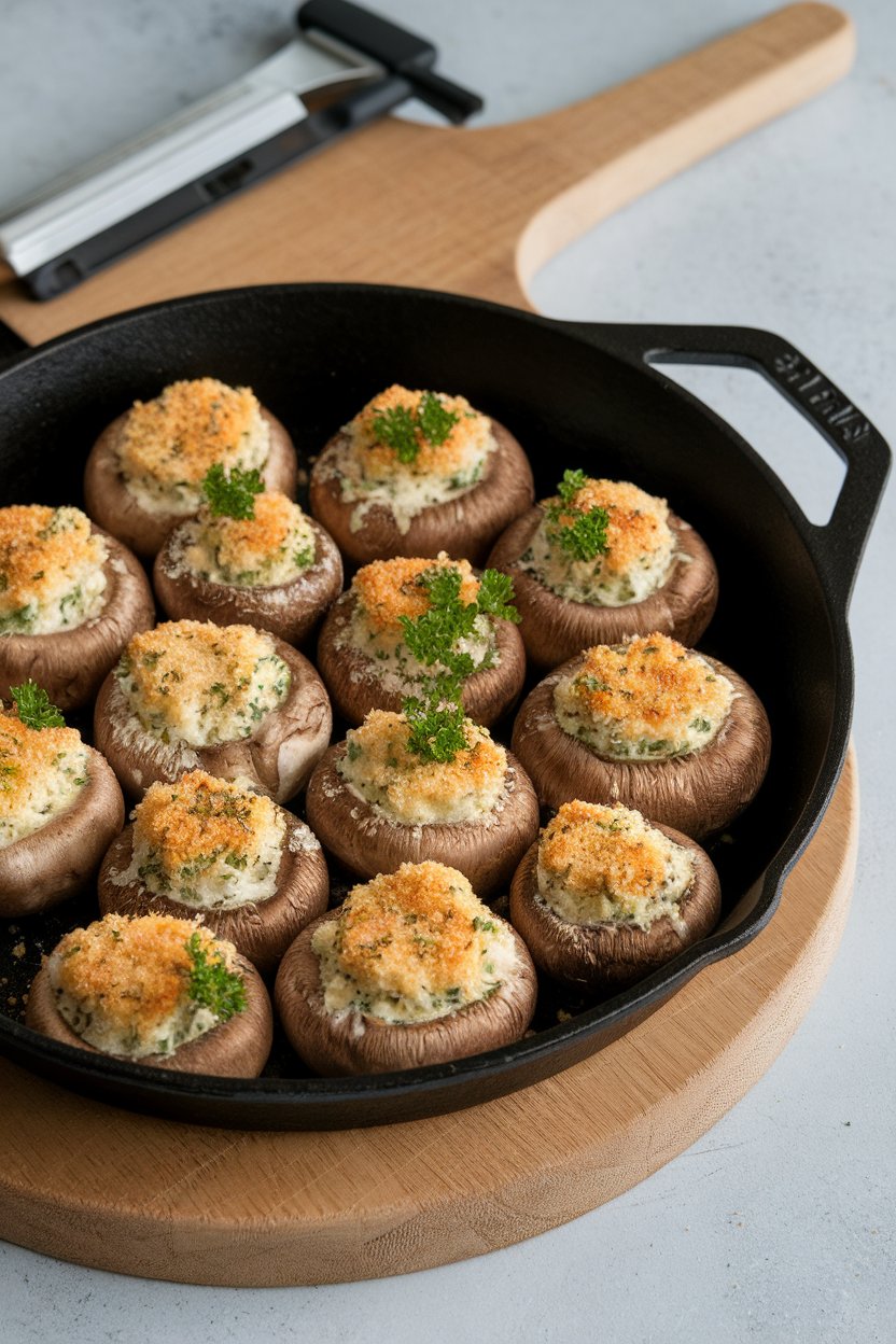 An indoor cast-iron skillet with button mushrooms filled with herbed cheese and breadcrumbs, parsley sprinkled, no text or logos.