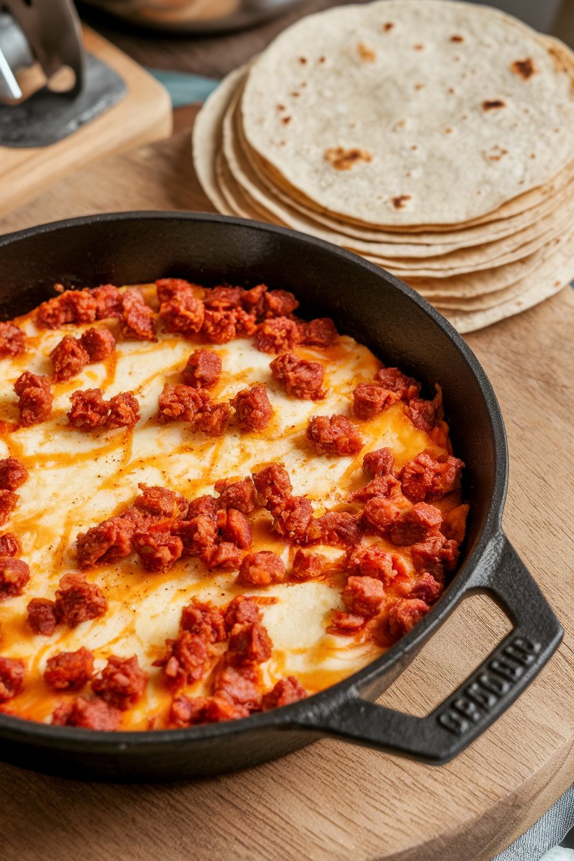 An indoor cast-iron dish of melted Oaxaca cheese mixed with spicy chorizo, tortillas stacked beside—no text or logos. Photo, not illustration.