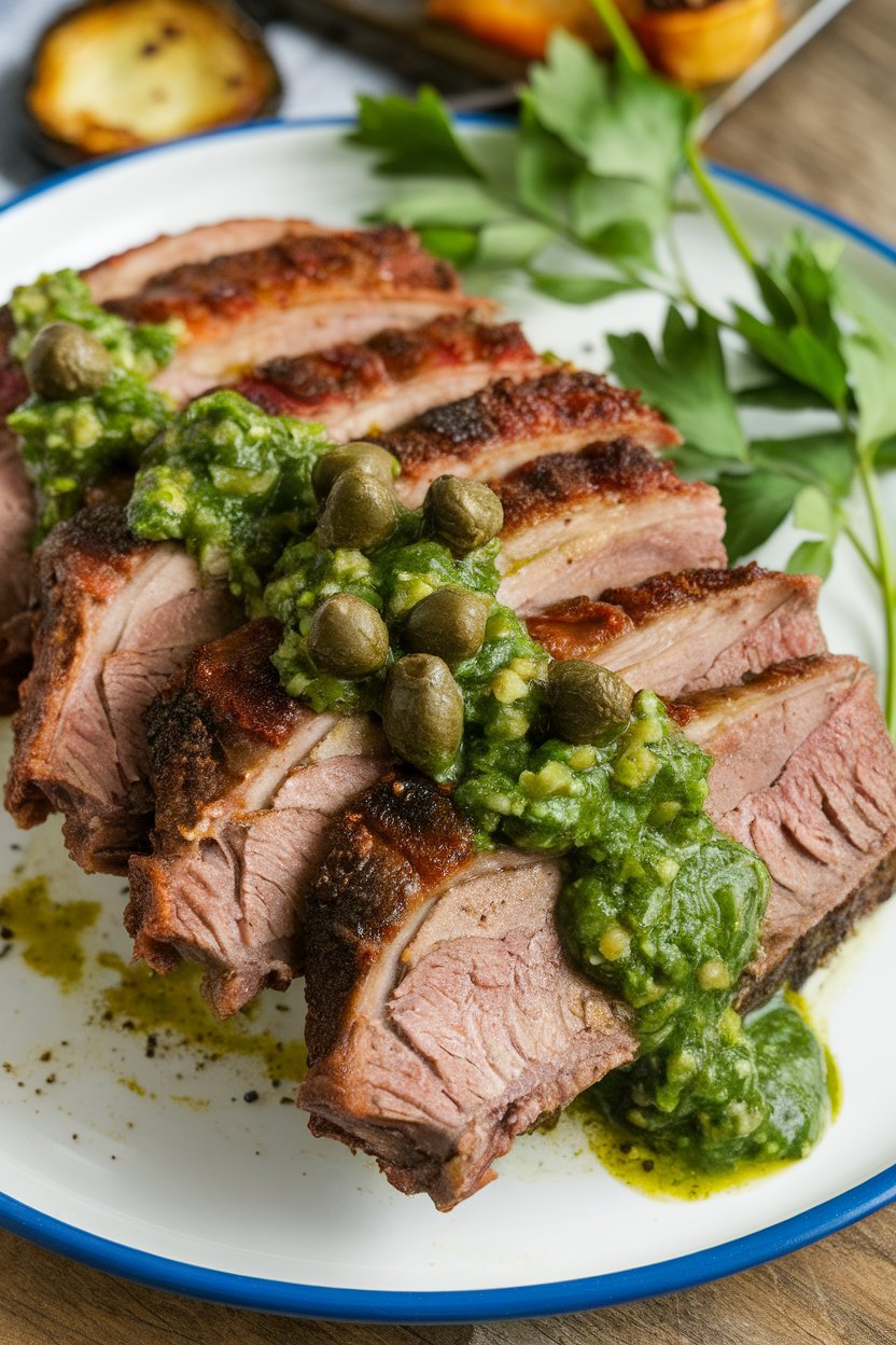 Indoor photo of short ribs topped with vivid green salsa verde, parsley and capers visible; no text or logos