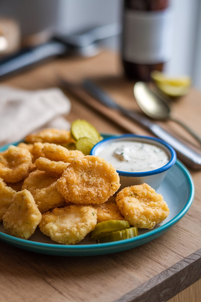 Photo prompt: Indoor plate of golden, breaded dill pickle chips with a side of vegan ranch. No logos or text. Photo, not illustration.