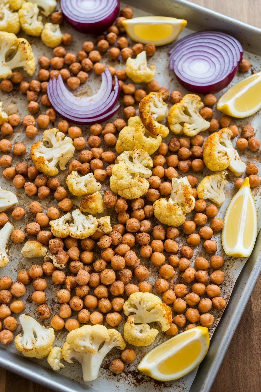 Indoor photo of roasted chickpeas and cauliflower coated in sumac and cumin, red onion slices, and lemon wedges on a sheet pan; no text or logos