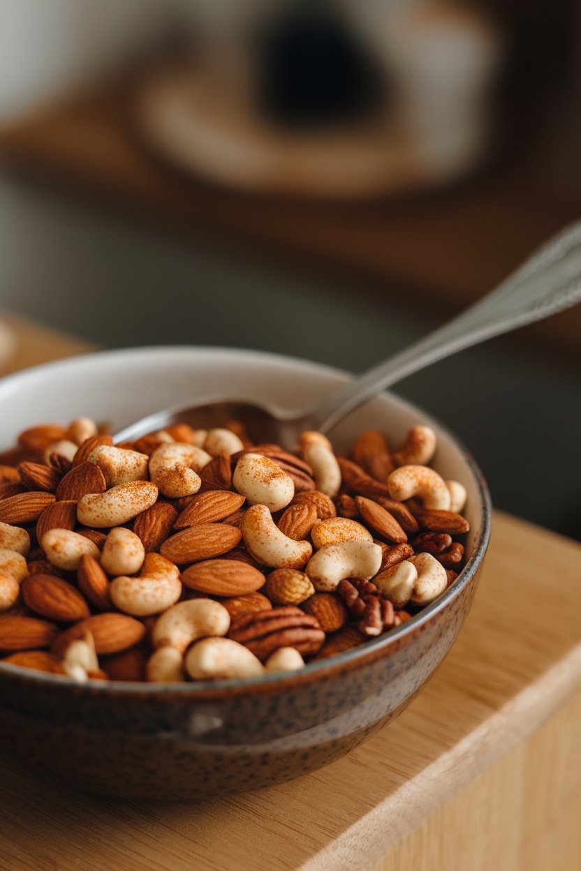 Indoor photo of a bowl of mixed nuts coated in visible spice dust, serving spoon resting inside; no text or logos.