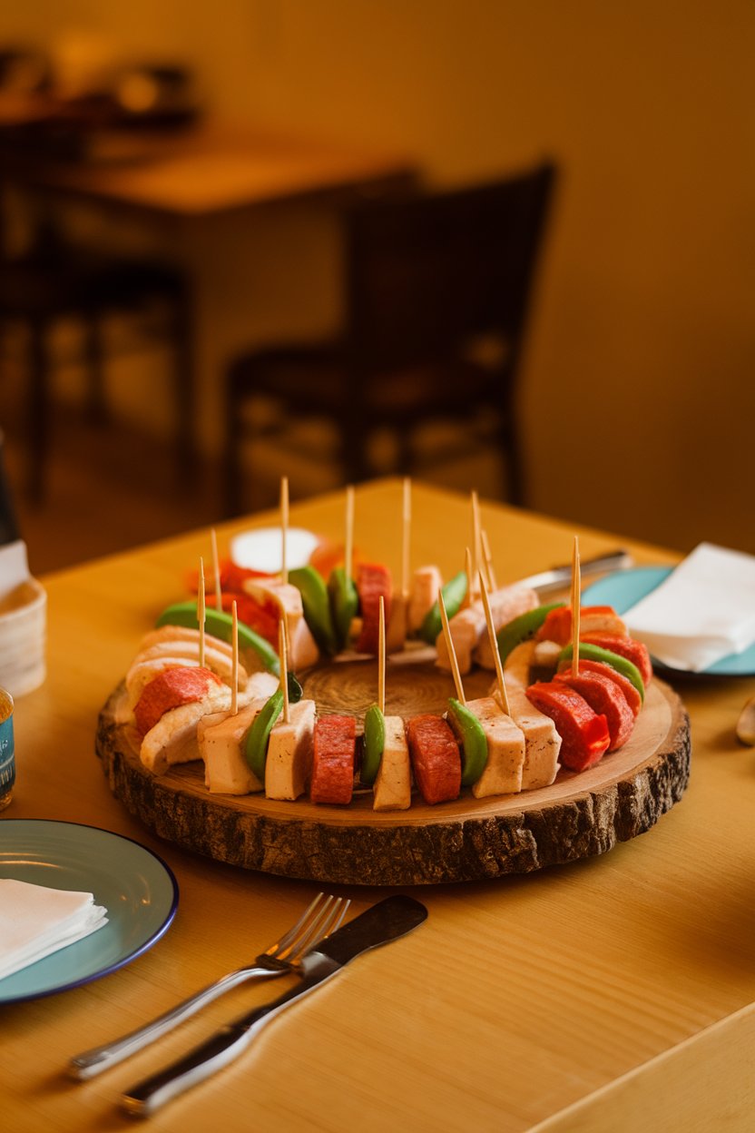 A warmly lit indoor table showing toothpick skewers threaded with cooked chicken cubes, sausage slices, okra rounds, and bell pepper pieces, arranged fan-like on a platter. No logos present.