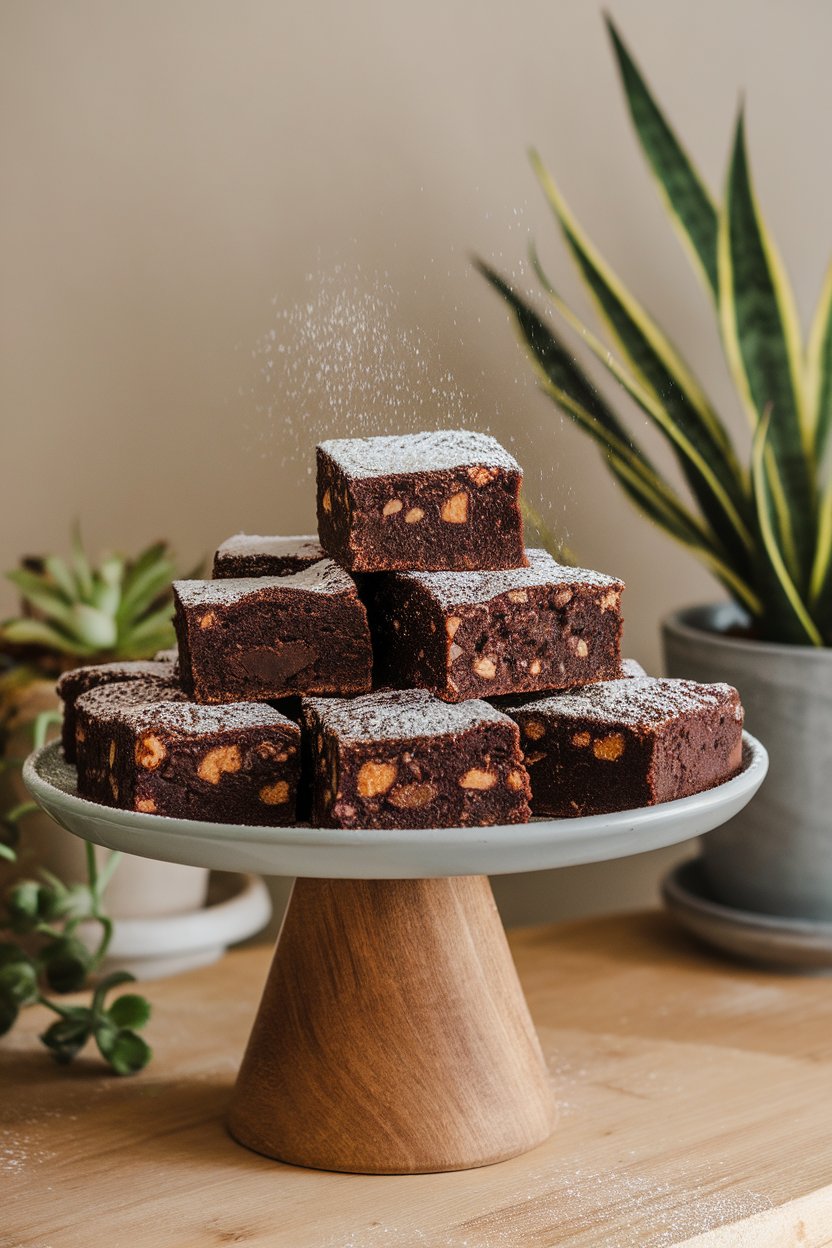 Photo of fudgy brownie squares dusted with powdered sugar on an indoor cake stand, no text or logos