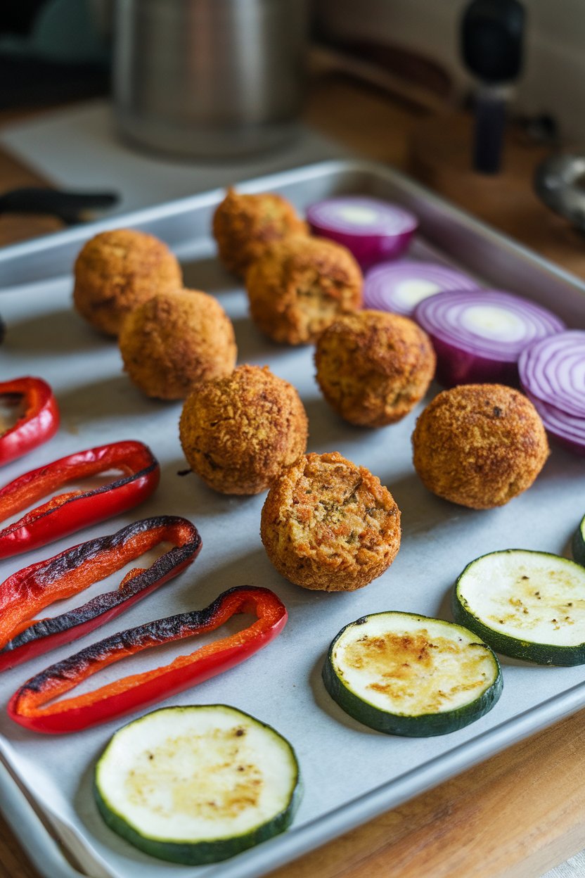 Indoor photo of baked falafel balls, roasted bell pepper strips, red onion, and zucchini rounds on a sheet pan; warm light, no logos