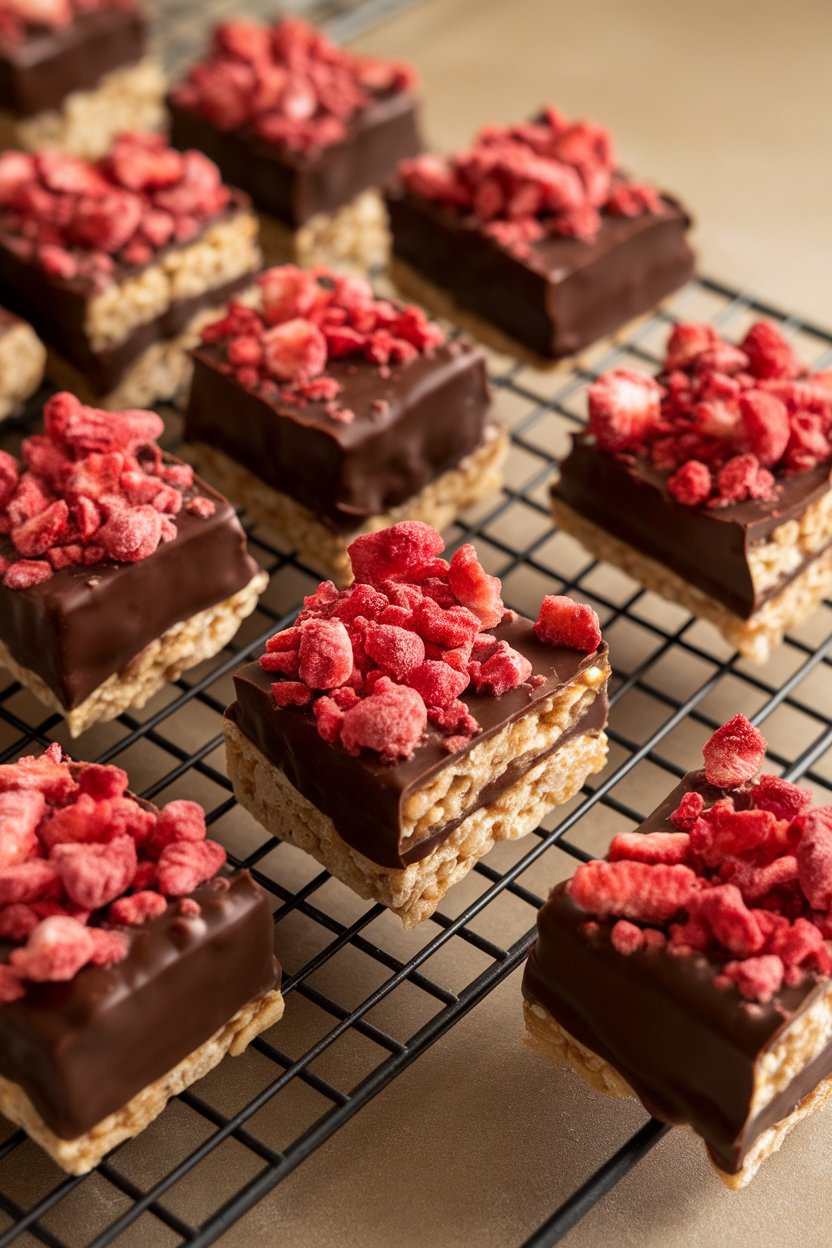 Squares of cereal treat half-dipped in dark chocolate and topped with freeze-dried strawberry crumbles, photographed indoors on a wire rack. No text or logos.