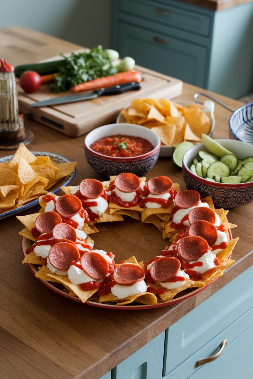 Indoor kitchen island with nachos topped by mini pepperoni slices, mozzarella, and marinara drizzle; no text or logos, photo not illustration.