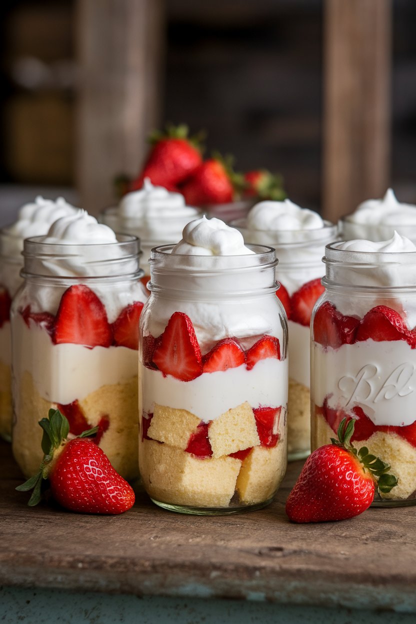 Mason jars layered with vanilla cake cubes, macerated strawberries, and whipped cream, arranged on an indoor farm table. No branding visible.