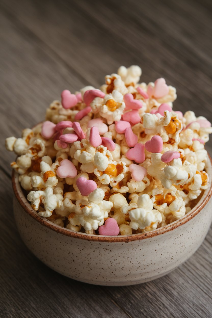 A ceramic indoor bowl brimming with popcorn coated in rosy white chocolate, sprinkled with tiny heart candies. No branding in sight.
