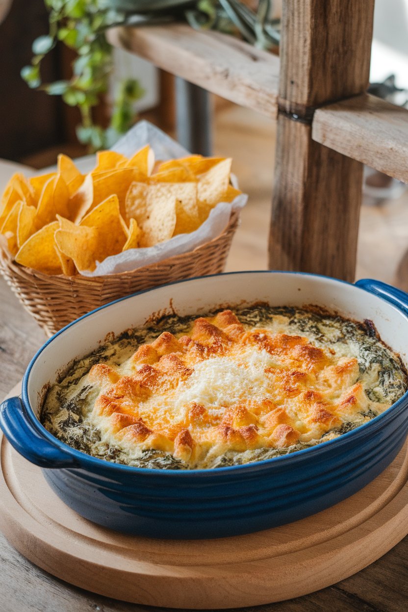 Indoor photo of a ceramic baking dish filled with bubbling spinach-artichoke dip beside a basket of tortilla chips; no text or logos.