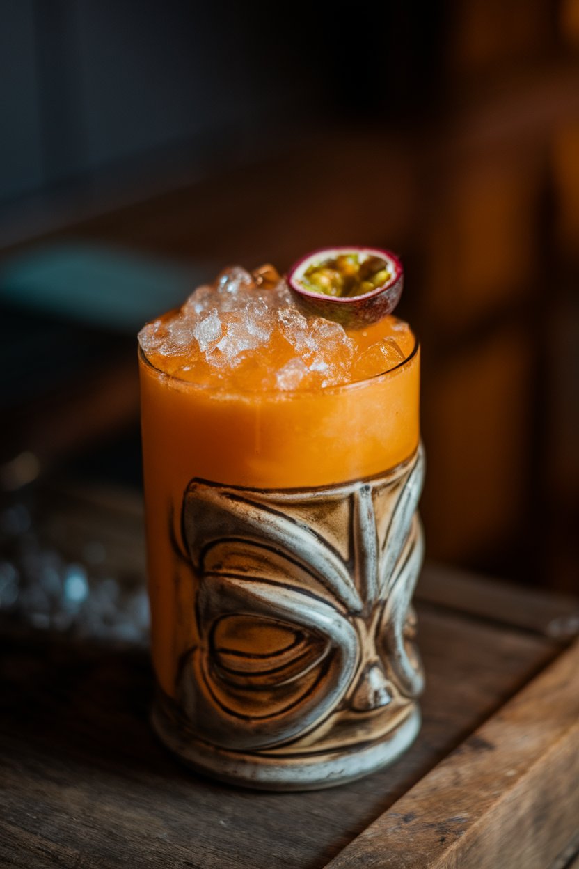 Photo of a tiki mug indoors overflowing with crushed ice and a vibrant orange cocktail, half passion fruit shell garnish, moody bar lighting, no text or logos