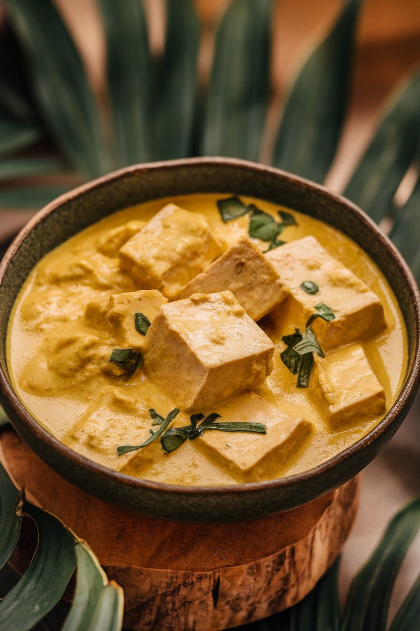 Photo prompt: Indoor scene showing tofu cubes swimming in a creamy yellow coconut curry sauce in a shallow bowl. No text or logos.