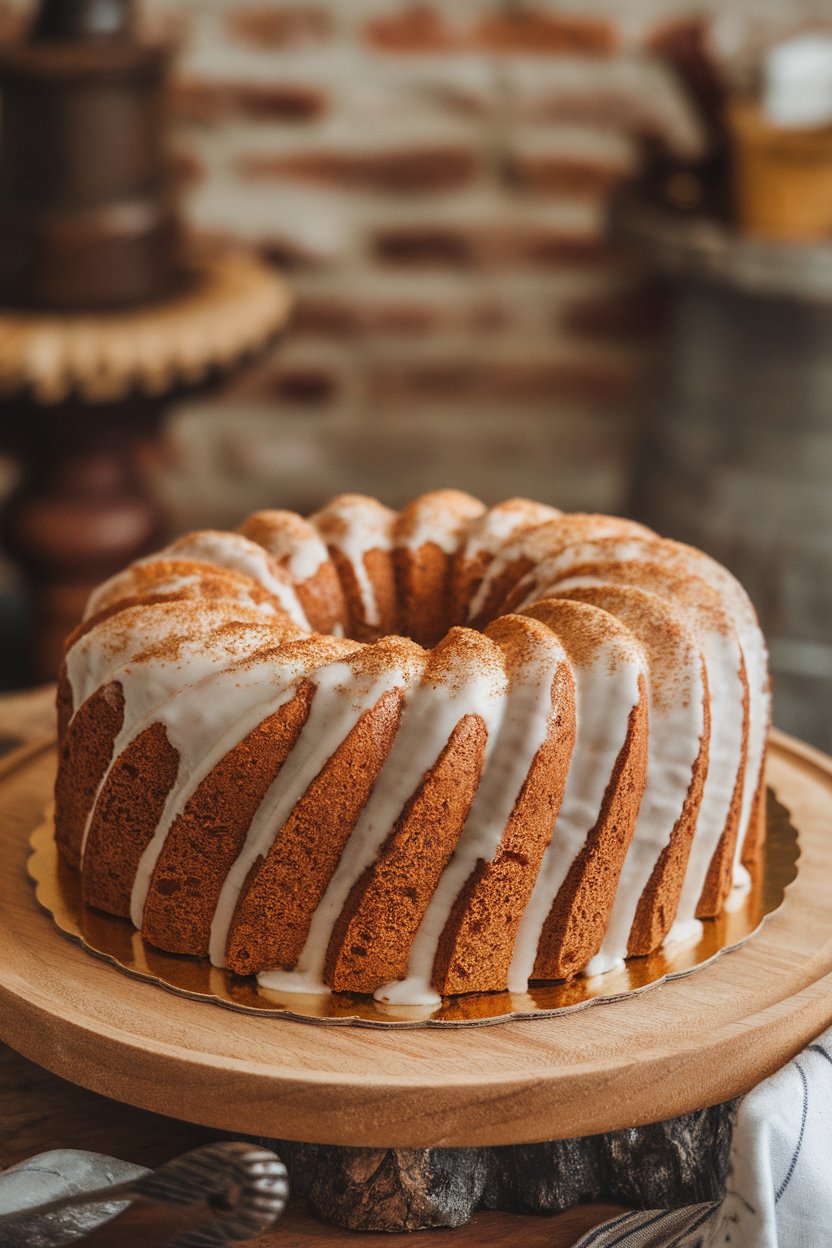 Indoor photo of a king cake dusted lightly with chai spice mix over icing; no text or logos.