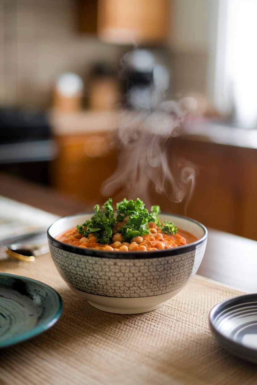 An indoor table featuring a bowl of chickpea chili with bright green kale ribbons, steam rising gently. No logos or text.