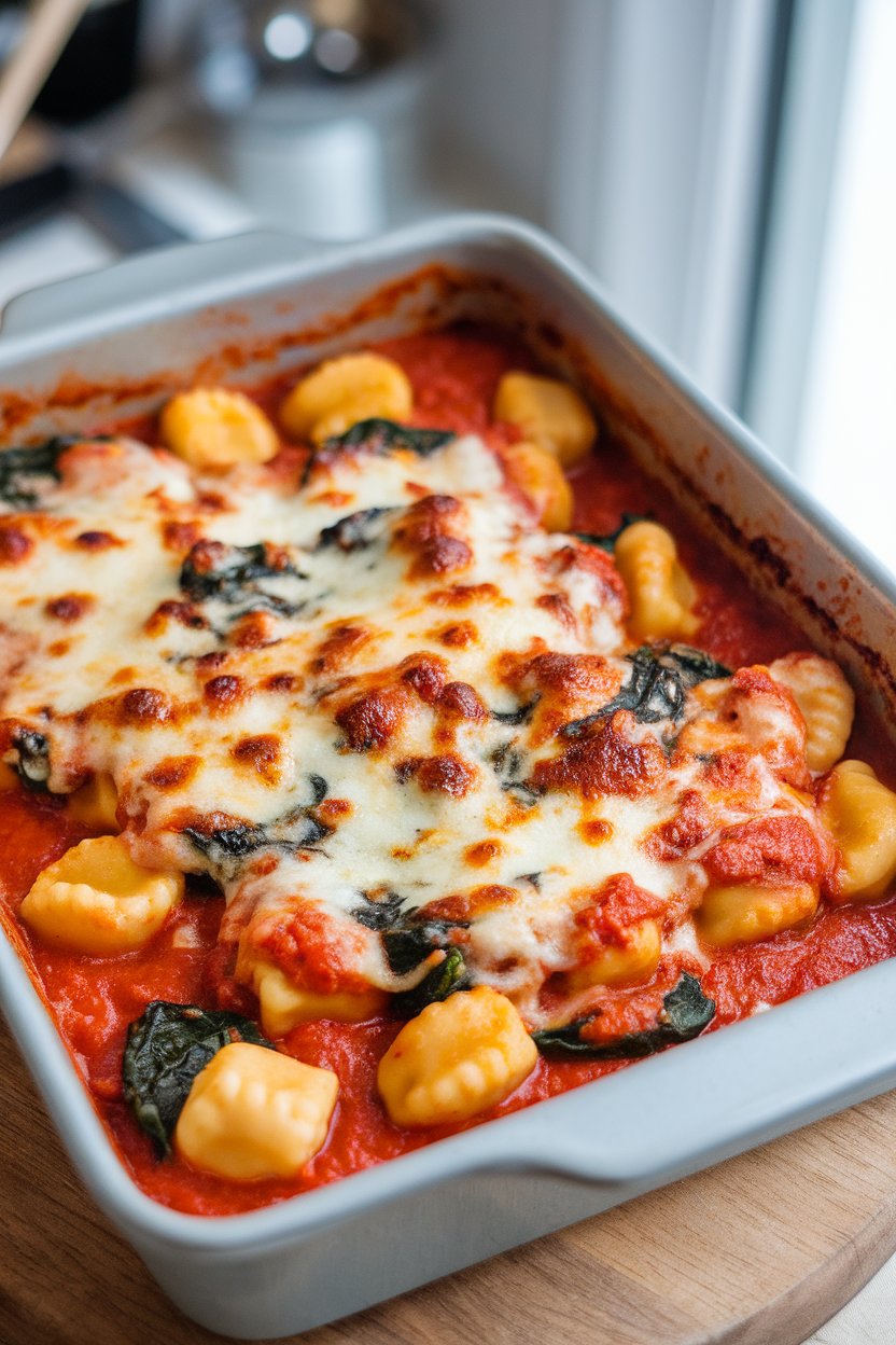 An indoor baking dish of pillowy gnocchi in tomato sauce, cheese melted and slightly browned, spinach peeking through. No text or logos. Photo.
