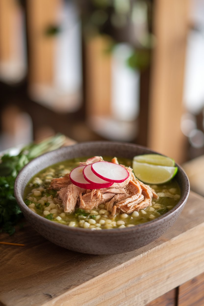 Indoor bowl of green pozole with shredded chicken, hominy, and sliced radish on top. No logos.