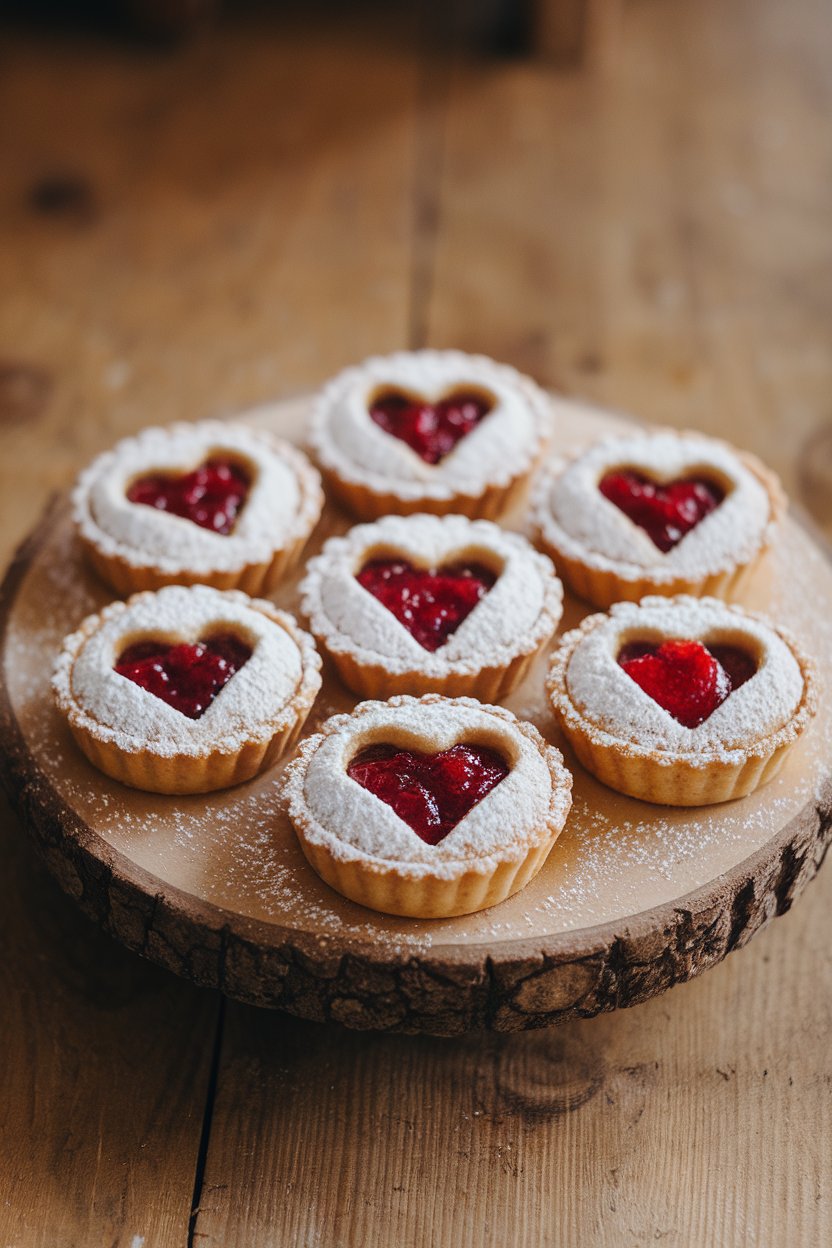 Small tartlets on a wooden indoor board, tops dusted with powdered sugar and heart-shaped cutouts revealing bright raspberry jam beneath. No logos anywhere.