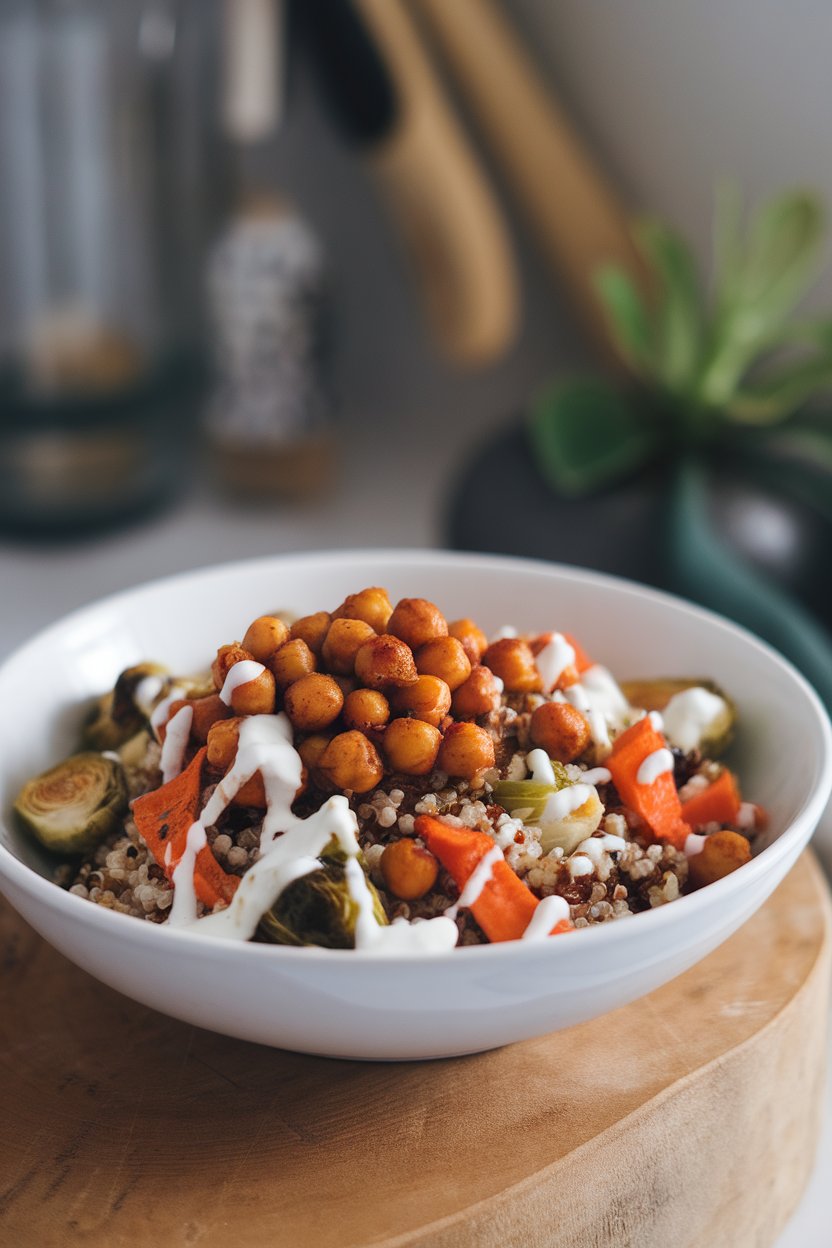 A white indoor bowl containing smoked paprika-roasted chickpeas over quinoa with roasted Brussels sprouts and carrots, drizzled with yogurt sauce. No text or logos. Photo only.