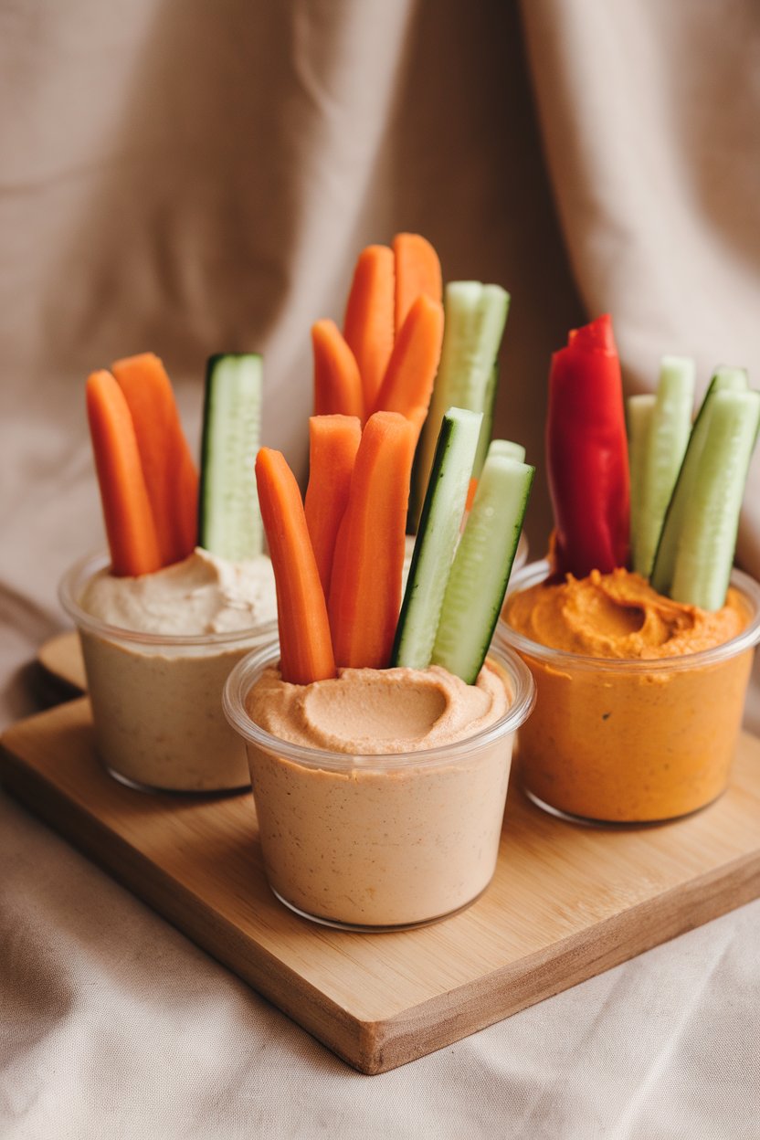 Indoor photo of meal-prep cups holding carrot, cucumber, and pepper sticks standing in three colors of hummus. No text or logos.