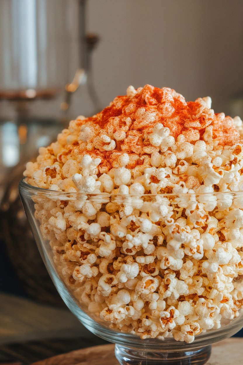Indoor photo of a large glass bowl brimming with golden popcorn dusted in red Cajun spices; no text or logos