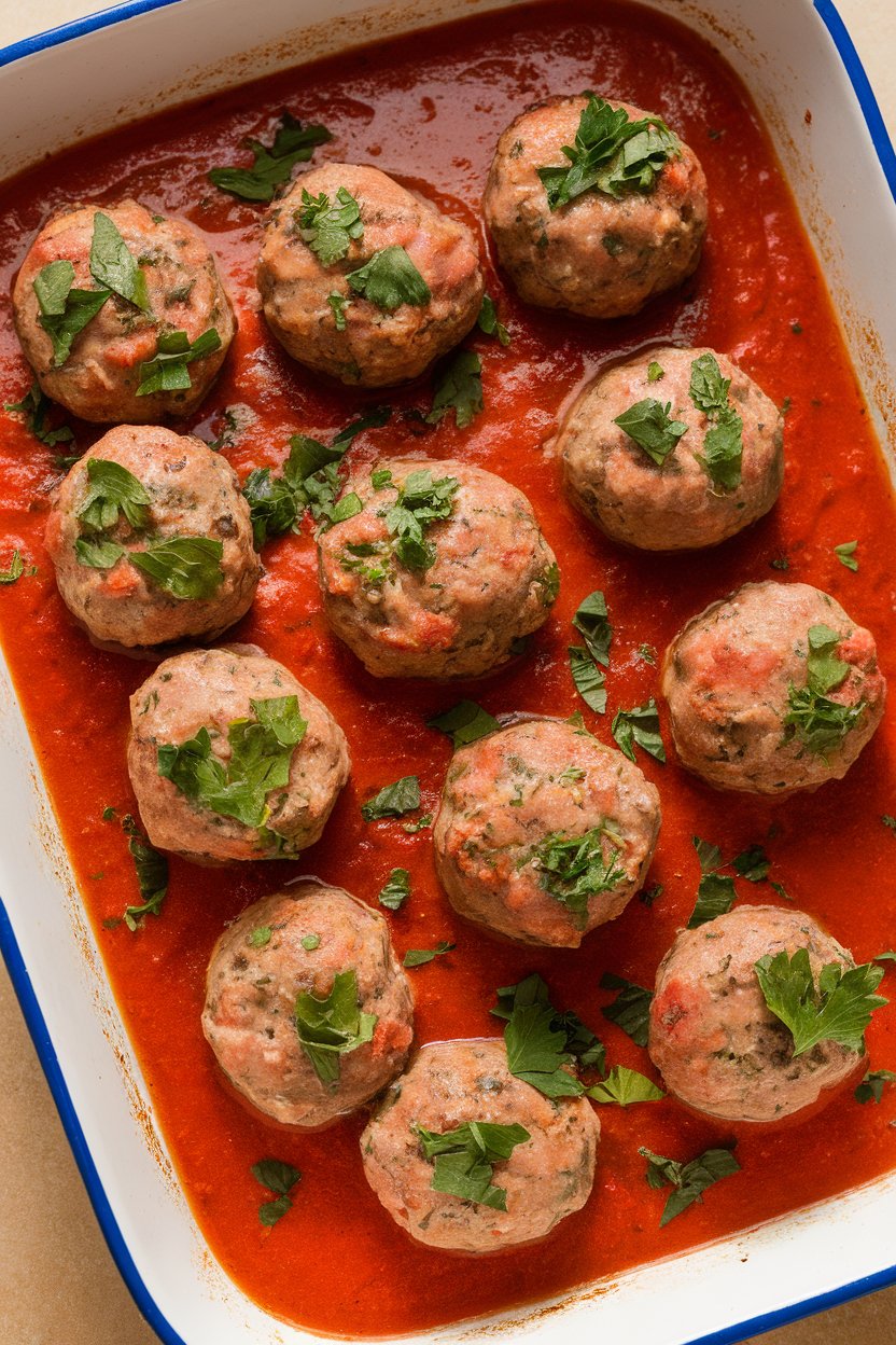 An indoor shot of turkey meatballs in a baking dish, lightly browned and nestled in bright red marinara, sprinkled with parsley. No text or logos.