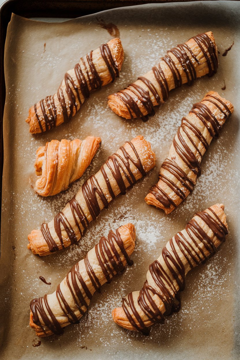 Indoor baking sheet with flaky puff pastry twists striped with chocolate-hazelnut spread, lightly dusted with powdered sugar. No text or logos; photo, not illustration.