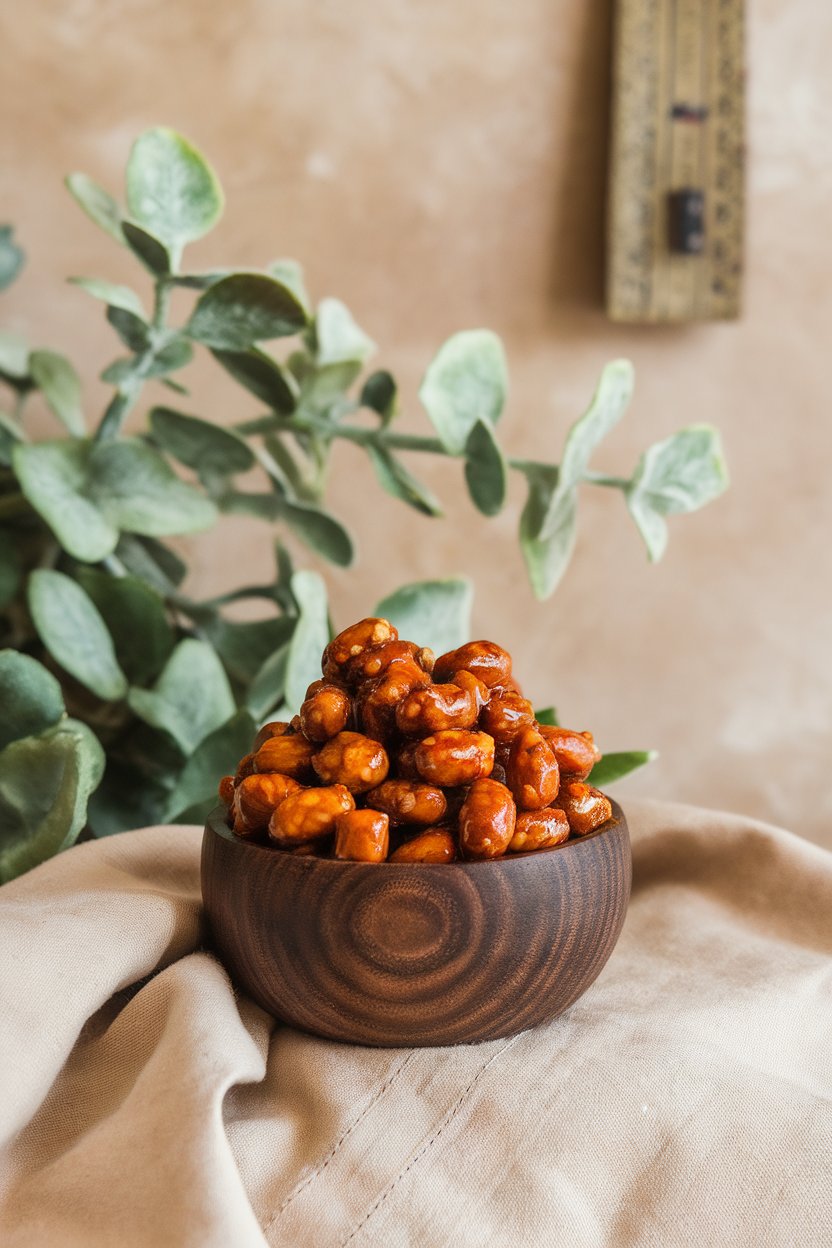 Indoor photo of a small wooden bowl filled with glossy roasted mixed nuts coated in a spicy glaze. No logos visible.