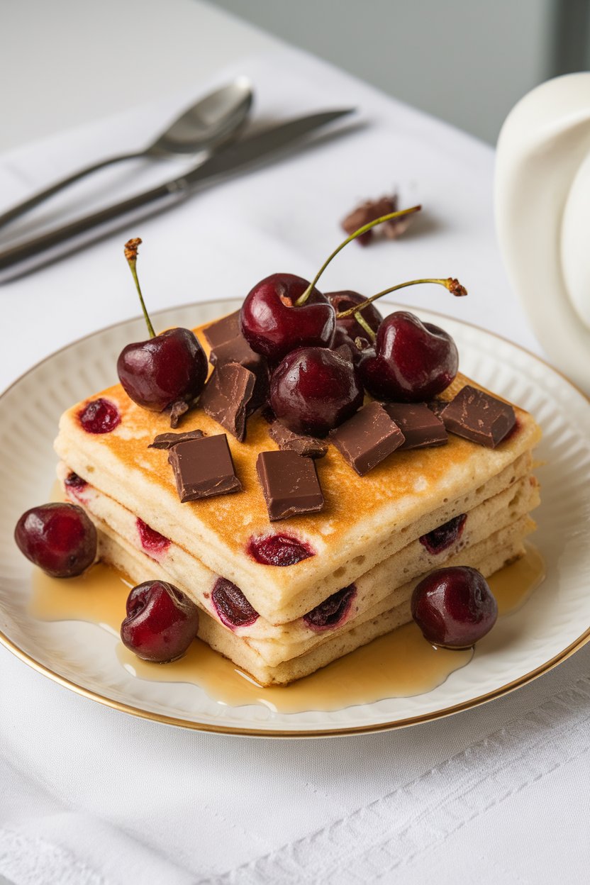 Pancake square studded with cherries and dark chocolate chunks on an indoor dessert plate, no text or logos.