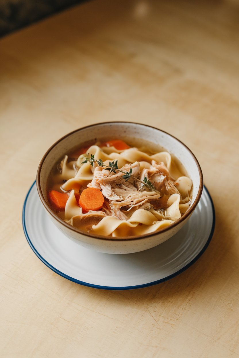 Indoor table with a bowl of turkey noodle soup—wide noodles, shredded turkey, carrots, and thyme sprig garnish. No text or logos. Photo.
