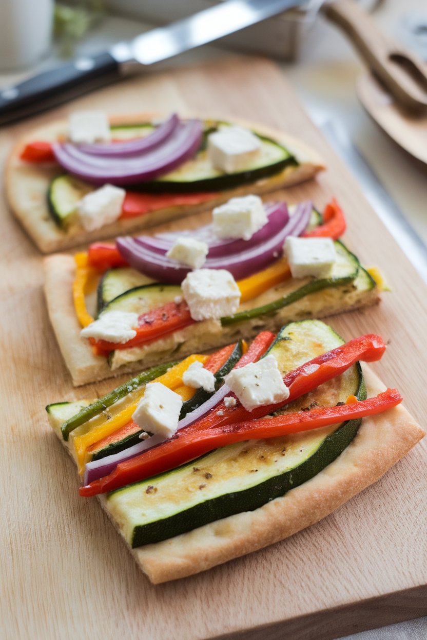 Indoor cutting board holding colorful roasted veggie flatbread slices—zucchini, peppers, red onion, and feta sprinkled on top. No text or logos.