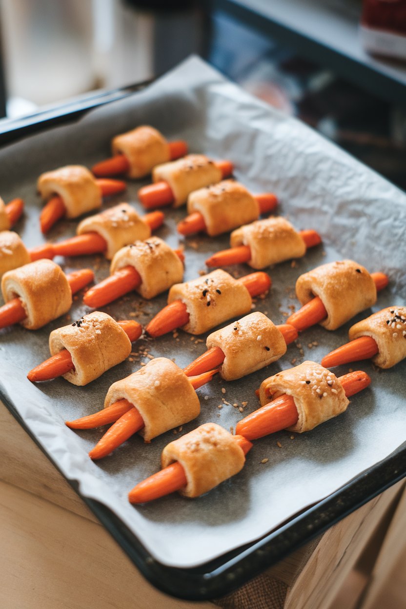 Photo prompt: Indoor parchment-lined tray holding mini crescent rolls wrapped around roasted baby carrots, sesame seeds sprinkled on top. No text or logos. Photo, not illustration.