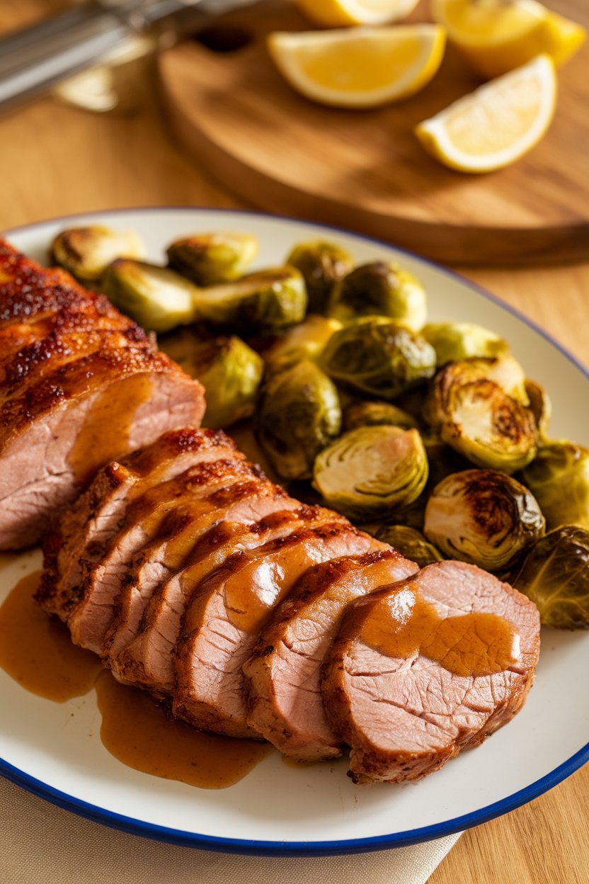 Indoor photo of sliced pork tenderloin drizzled with glossy maple-Dijon sauce on a platter beside roasted Brussels sprouts. No text or logos.