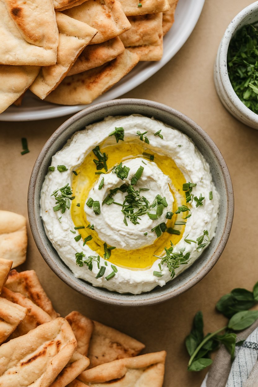 An indoor tabletop with a shallow bowl of whipped feta dip drizzled with olive oil and topped with chopped fresh herbs, pita chips arranged around. No text or logos. Photo, not illustration.