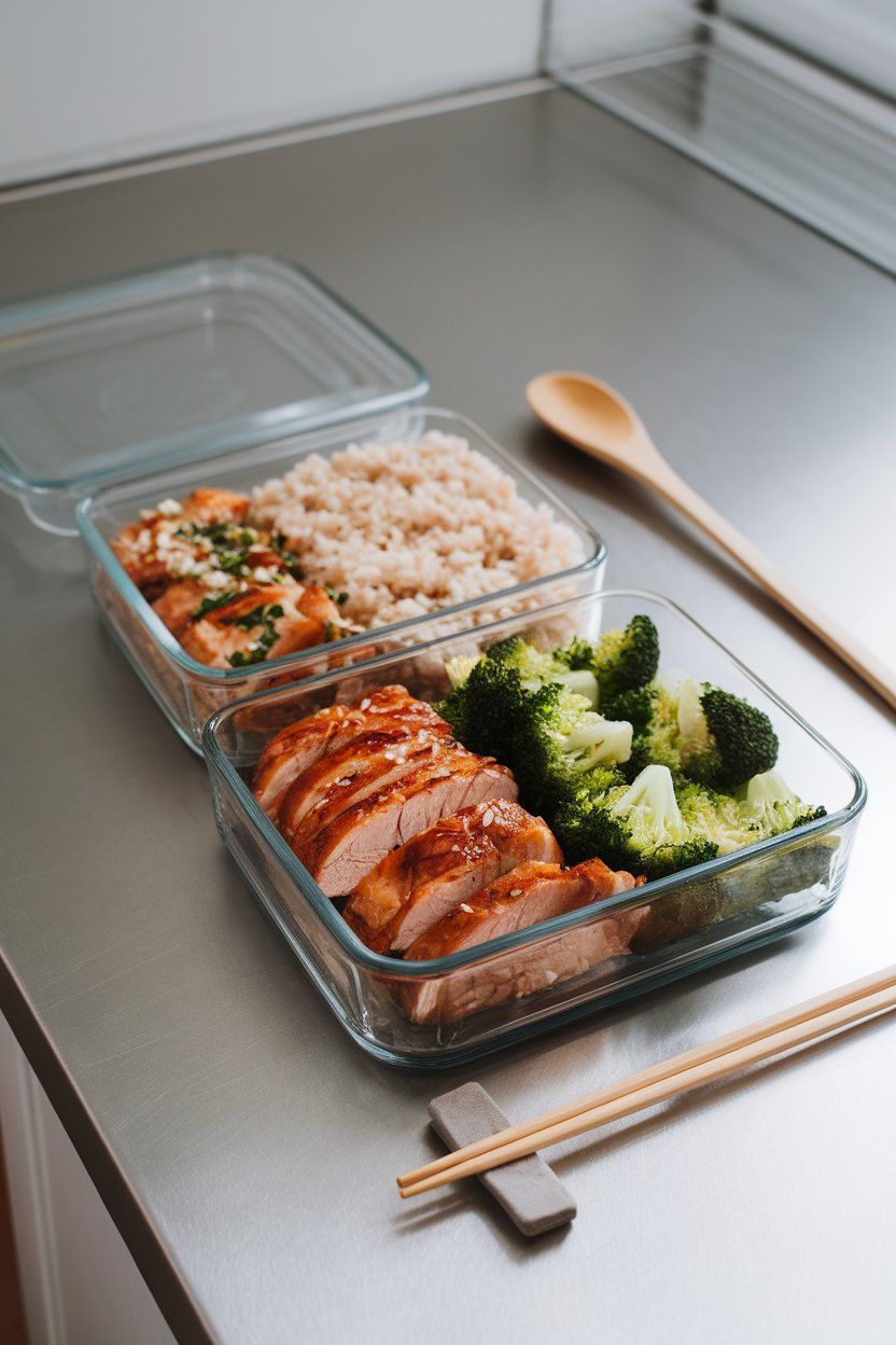 An indoor countertop with glass meal-prep containers holding teriyaki chicken, brown rice, and steamed broccoli; no branding visible, photo only.