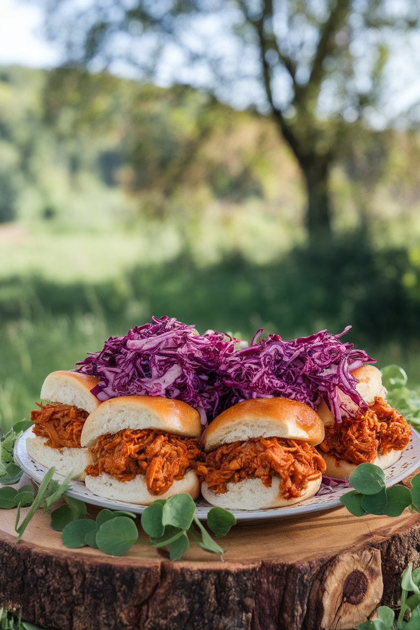 An indoor platter of small buns stuffed with saucy pulled jackfruit, purple slaw piled high, no logos or text.